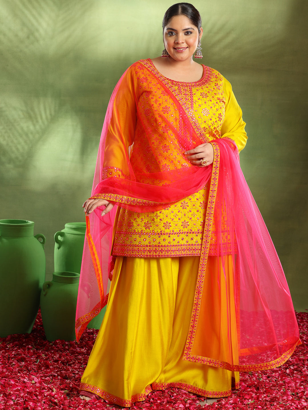 Plus Size Mustard Embroidered Silk Blend Straight Suit With Dupatta