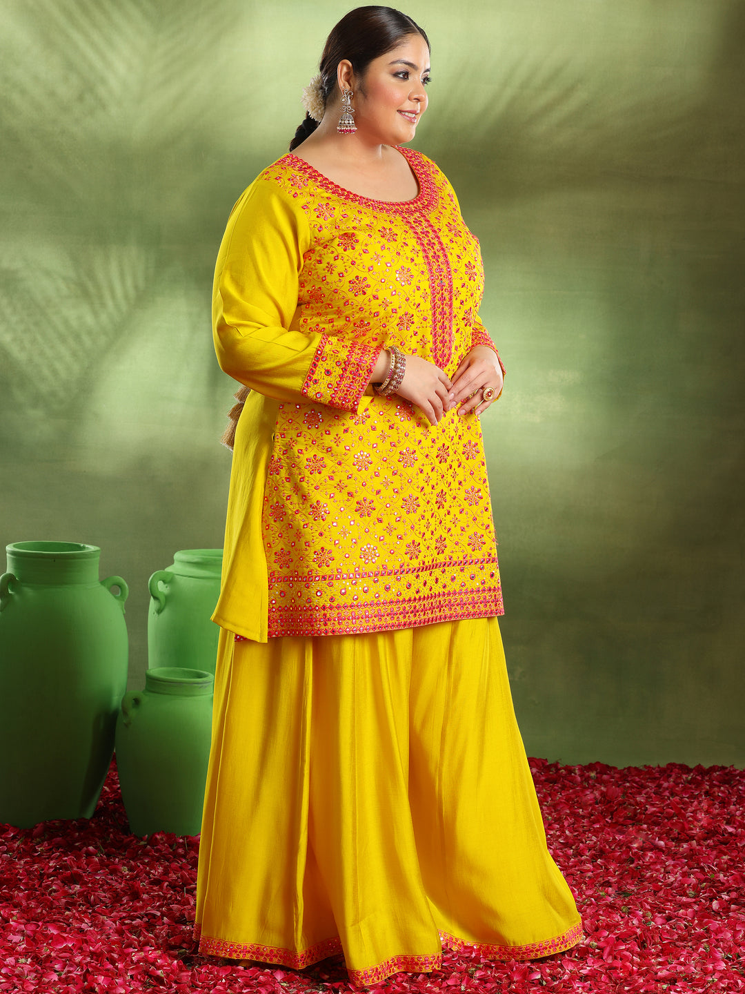 Plus Size Mustard Embroidered Silk Blend Straight Suit With Dupatta