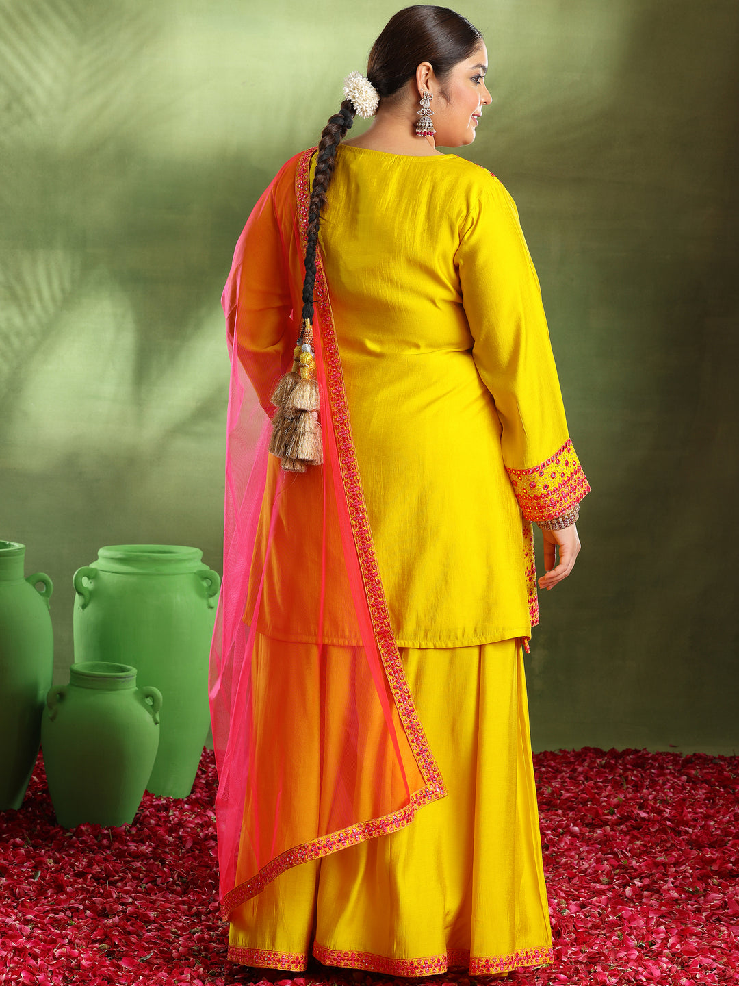 Plus Size Mustard Embroidered Silk Blend Straight Suit With Dupatta