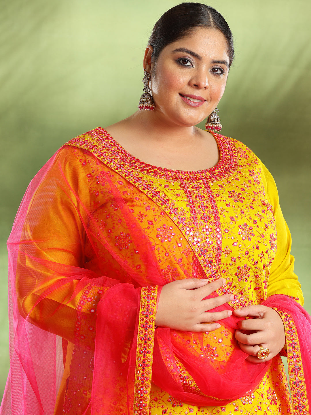 Plus Size Mustard Embroidered Silk Blend Straight Suit With Dupatta