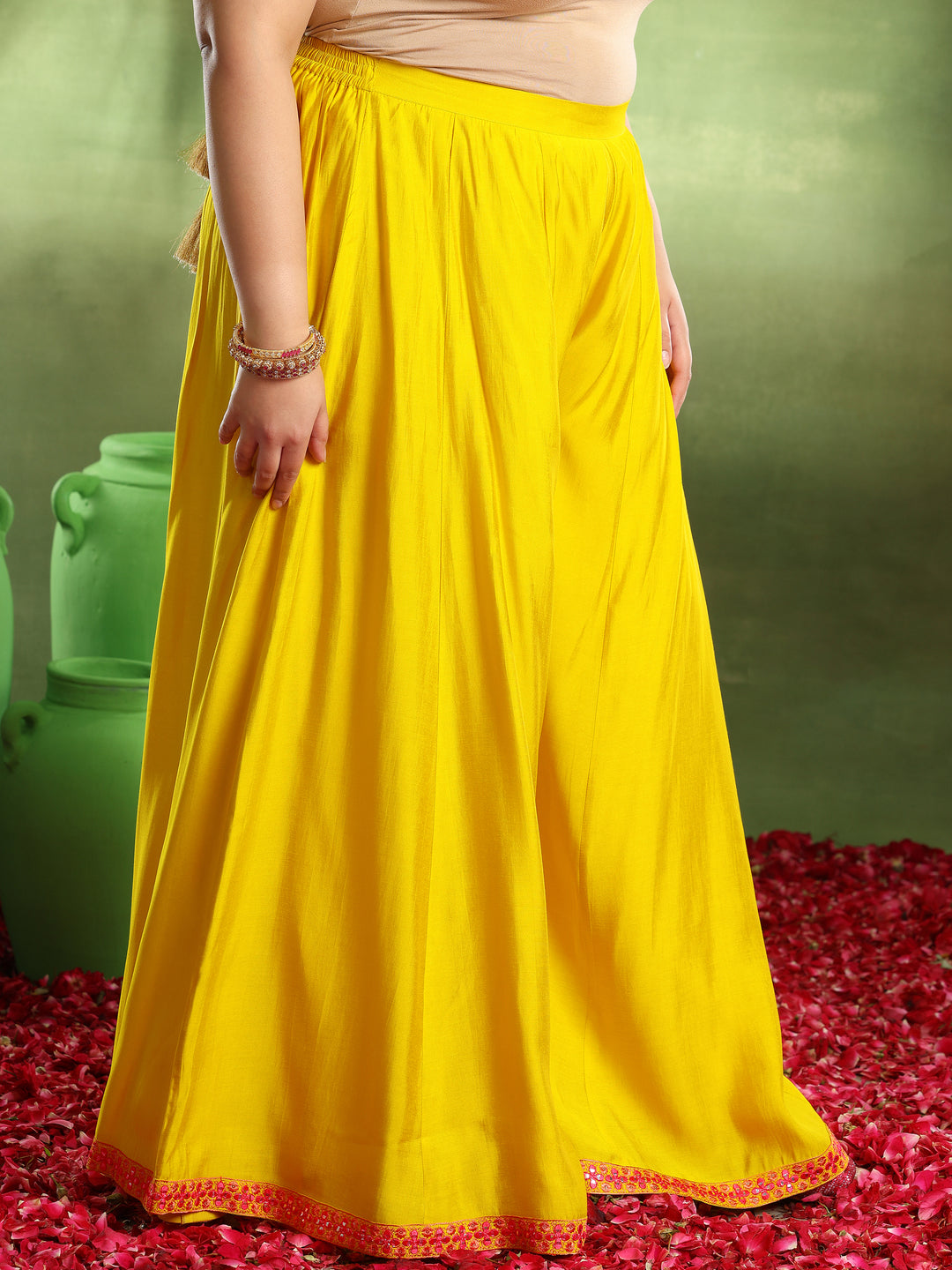 Plus Size Mustard Embroidered Silk Blend Straight Suit With Dupatta