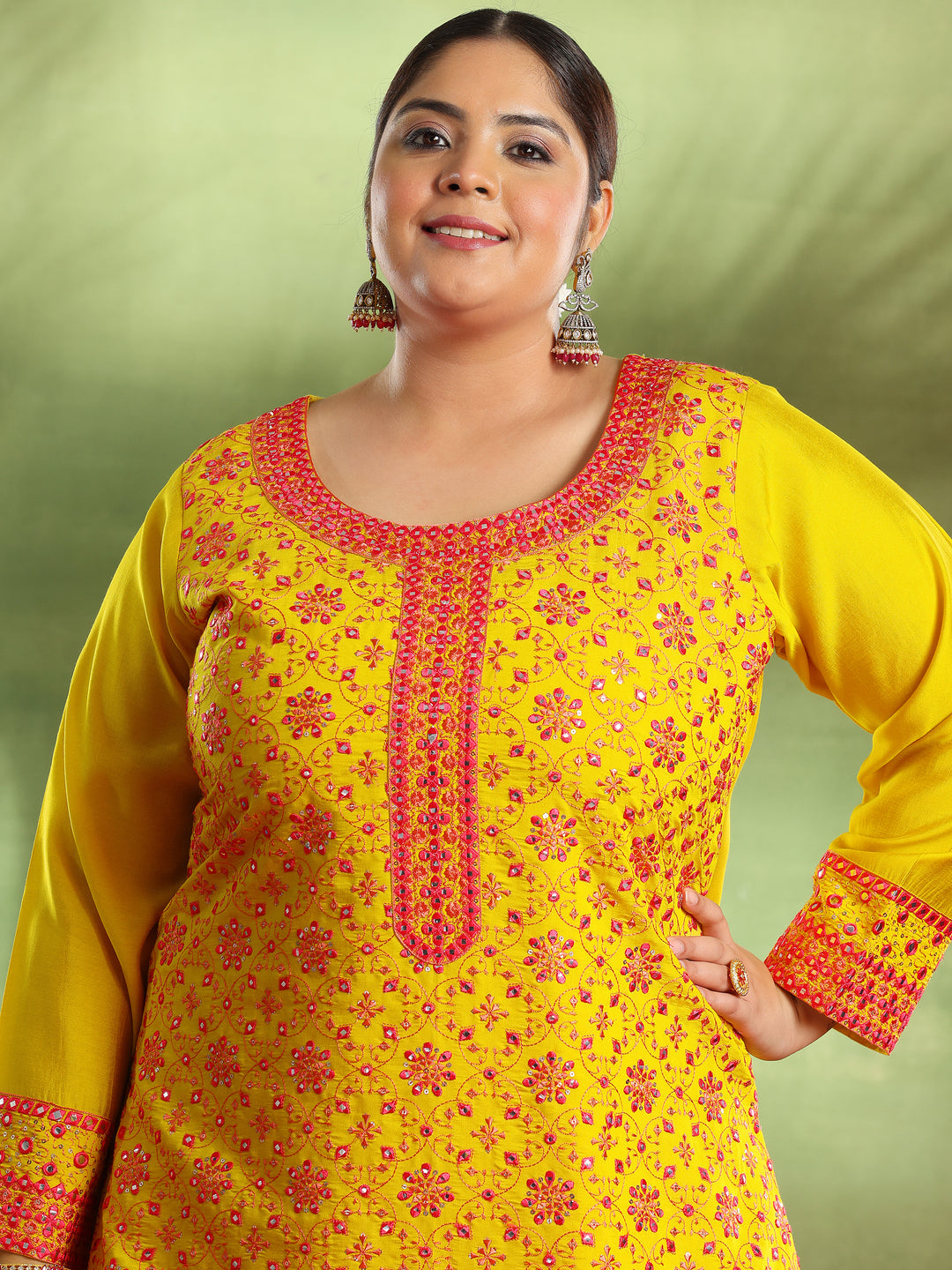 Plus Size Mustard Embroidered Silk Blend Straight Suit With Dupatta