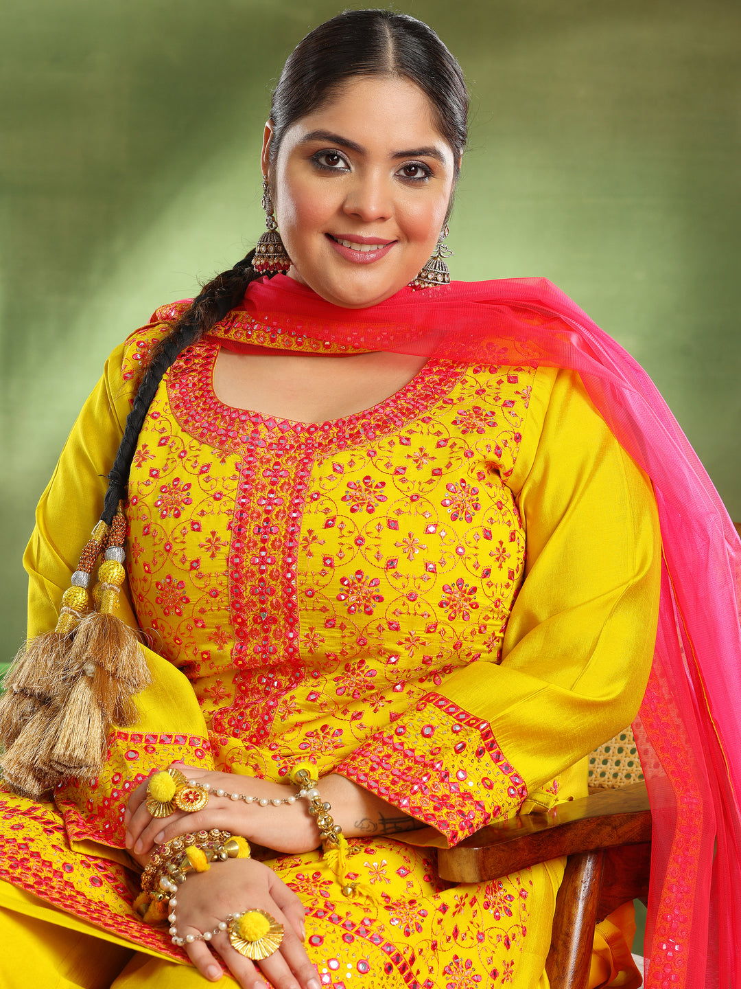 Plus Size Mustard Embroidered Silk Blend Straight Suit With Dupatta
