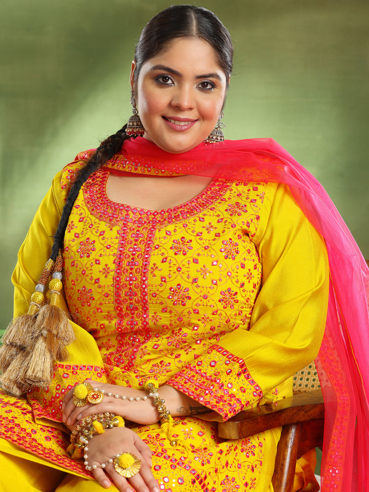 Plus Size Mustard Embroidered Silk Blend Straight Suit With Dupatta