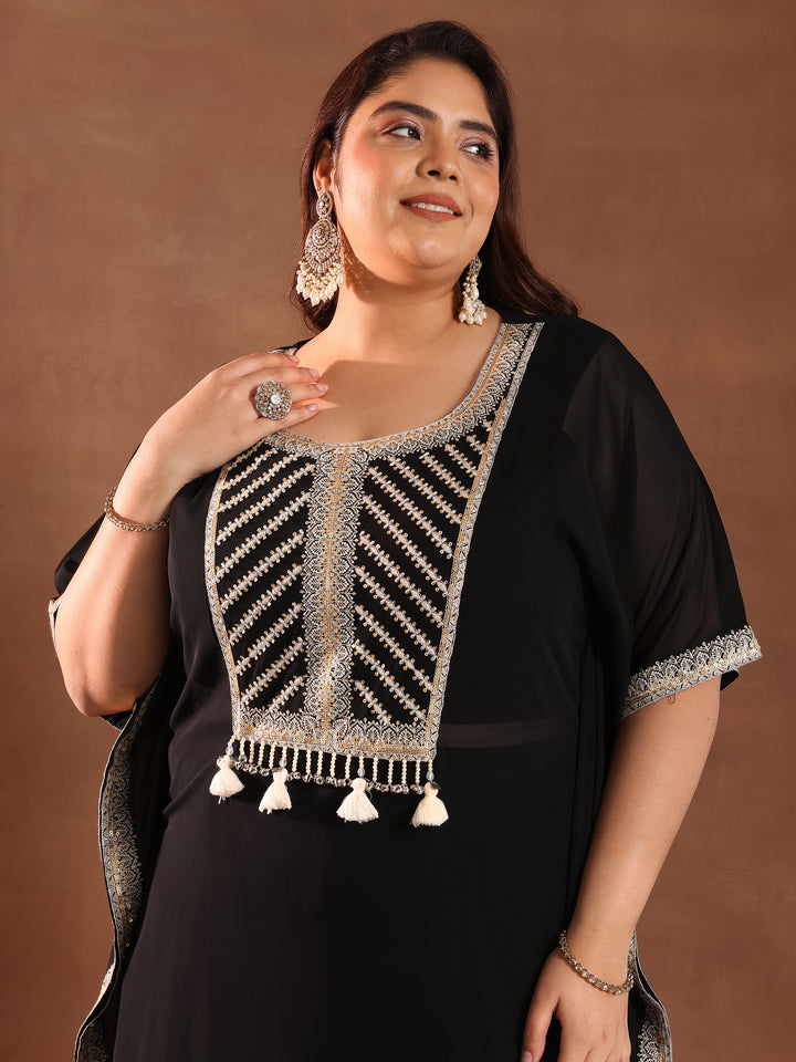 Plus Size Black Embroidered Georgette Straight Kurta Set