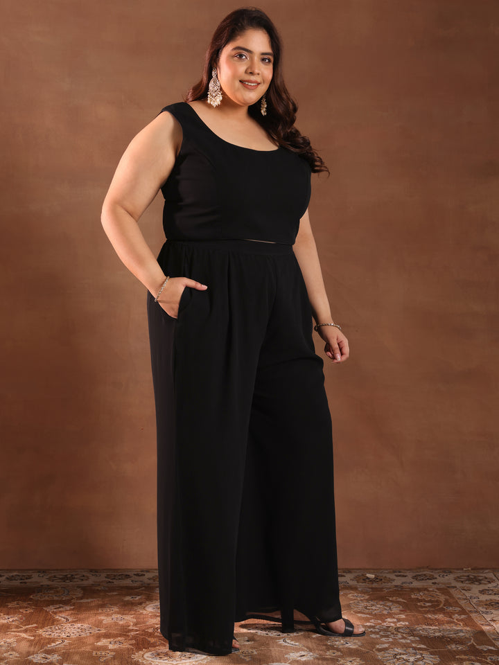 Plus Size Black Embroidered Georgette Straight Kurta Set