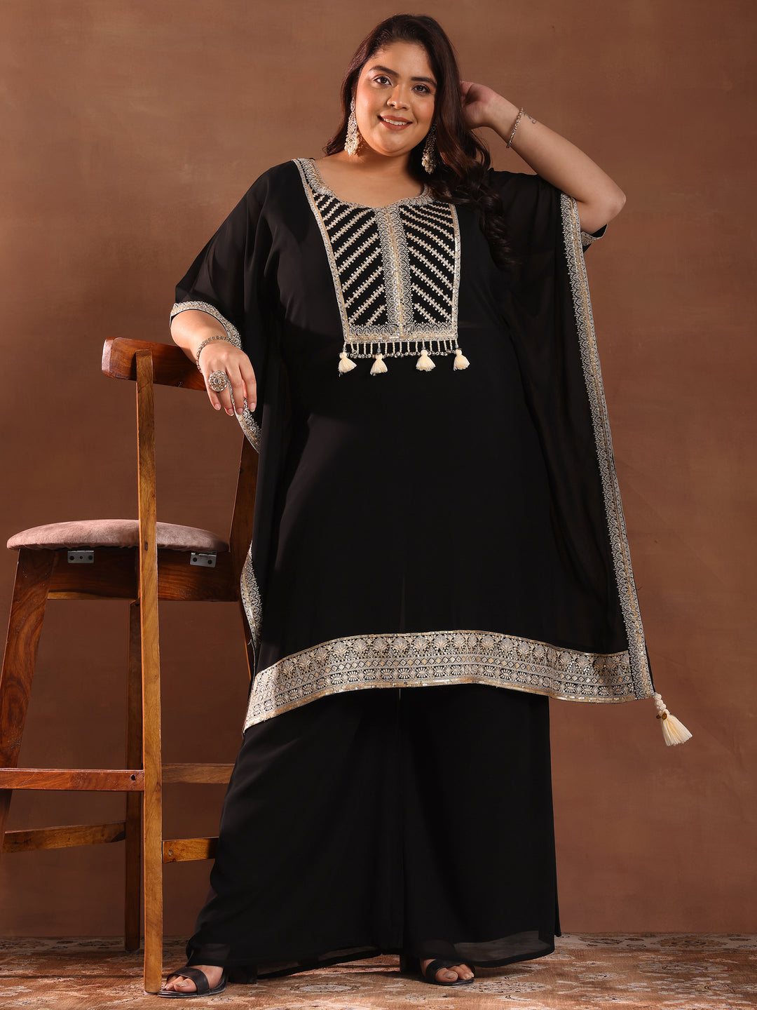 Plus Size Black Embroidered Georgette Straight Kurta Set