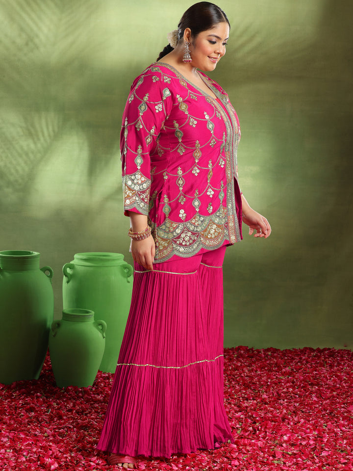 Plus Size Pink Embroidered Silk Blend Straight Suit With Dupatta