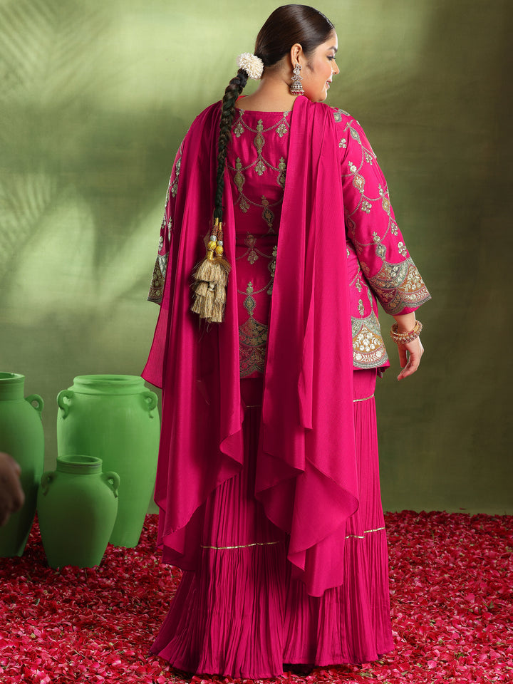 Plus Size Pink Embroidered Silk Blend Straight Suit With Dupatta