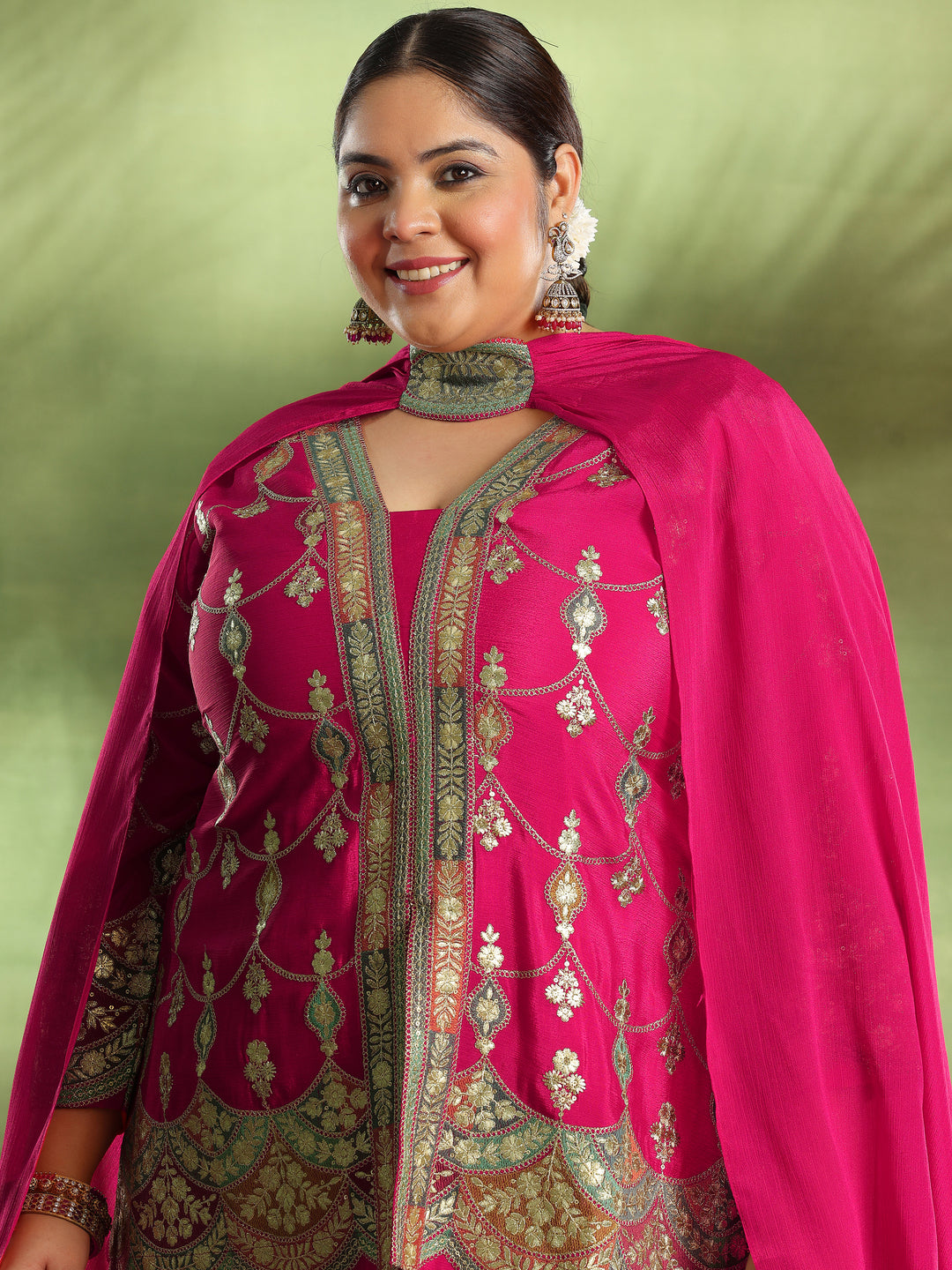 Plus Size Pink Embroidered Silk Blend Straight Suit With Dupatta