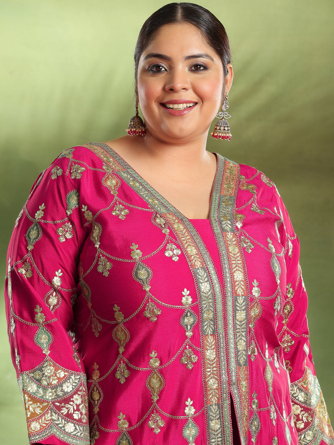 Plus Size Pink Embroidered Silk Blend Straight Suit With Dupatta