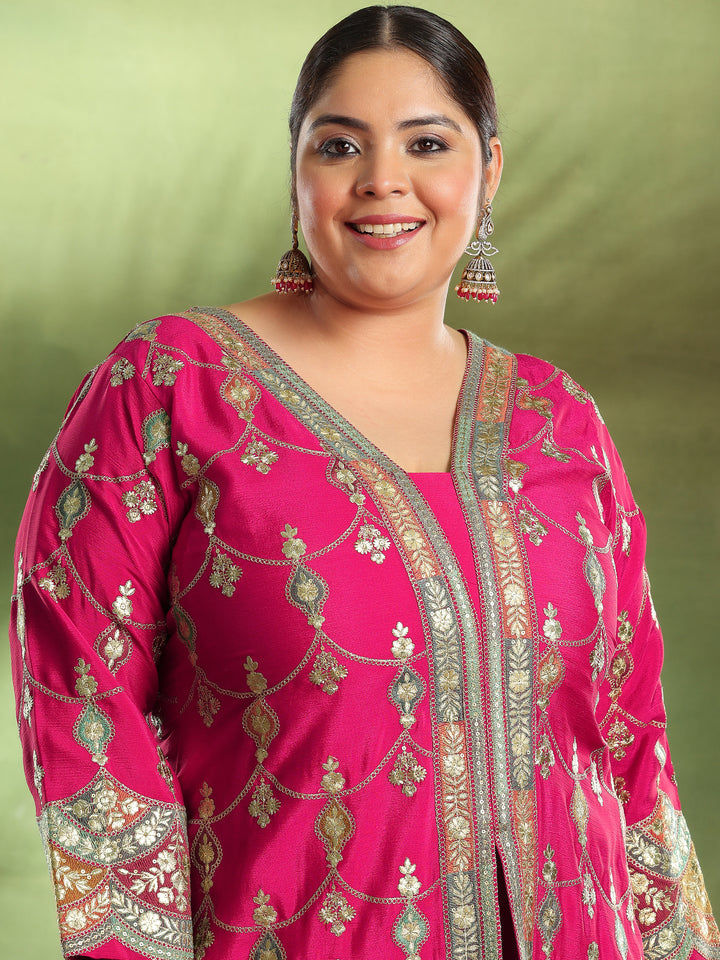 Plus Size Pink Embroidered Silk Blend Straight Suit With Dupatta