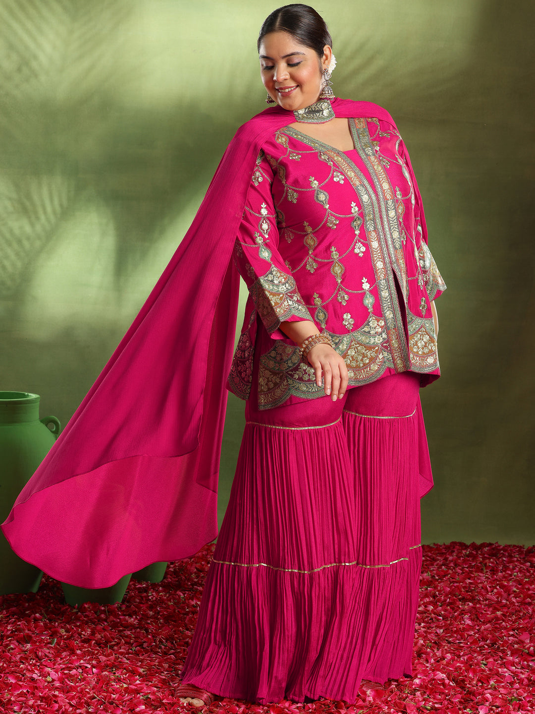 Plus Size Pink Embroidered Silk Blend Straight Suit With Dupatta
