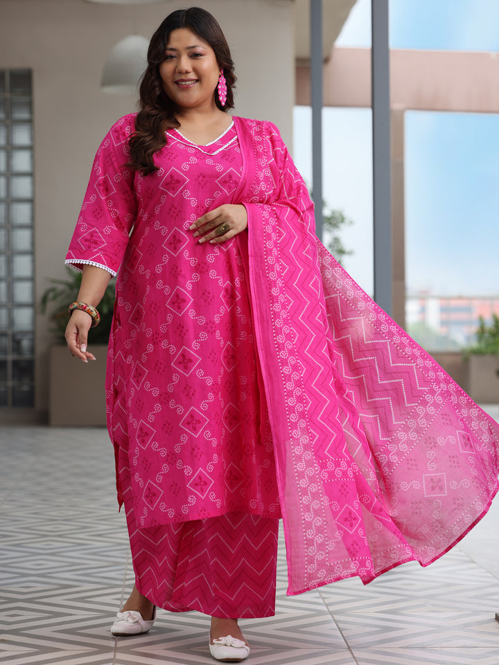Plus Size Pink Printed Cotton Straight Suit With Dupatta