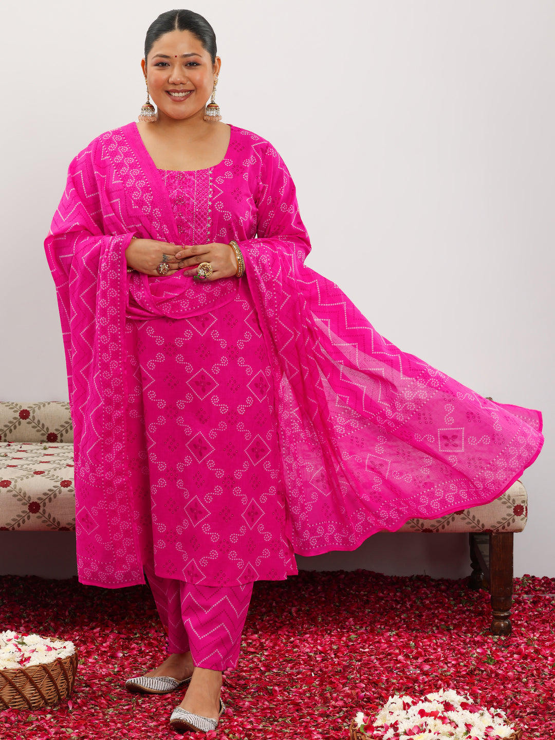 Plus Size Pink Printed Cotton Straight Suit With Dupatta