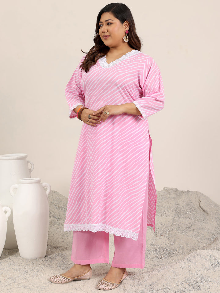 Plus Size Pink Printed Cotton Straight Suit Set With Dupatta