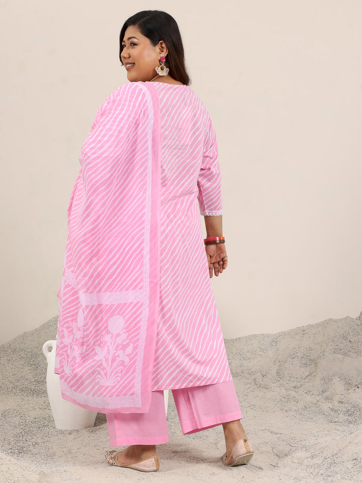 Plus Size Pink Printed Cotton Straight Suit Set With Dupatta