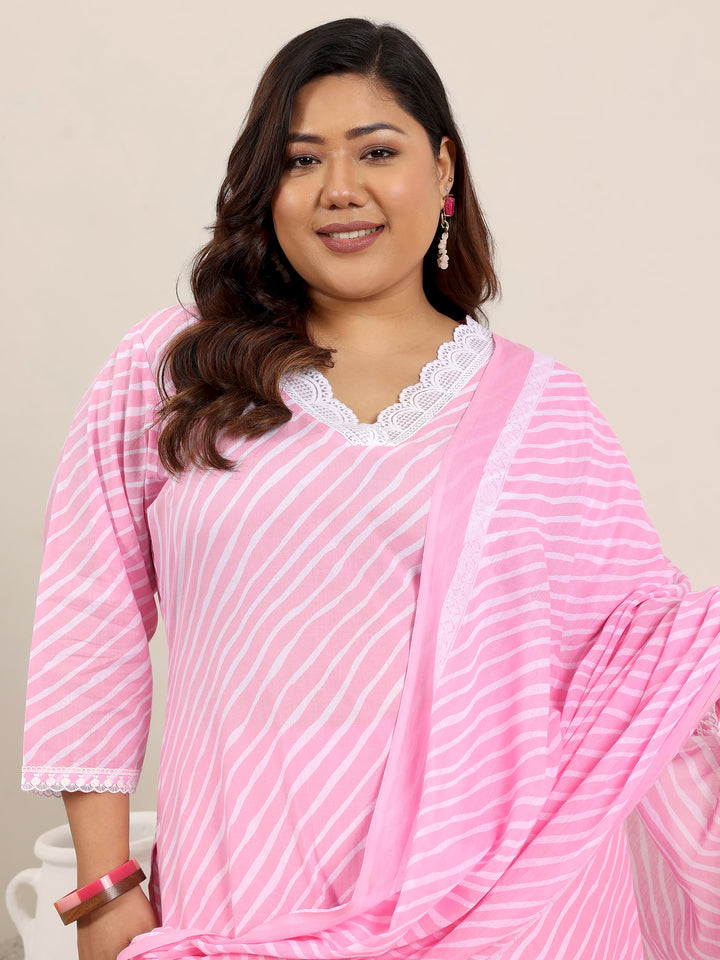 Plus Size Pink Printed Cotton Straight Suit Set With Dupatta