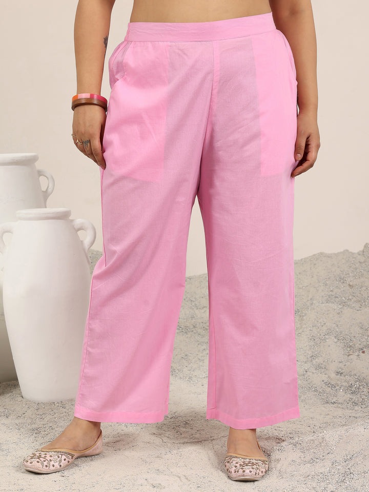 Plus Size Pink Printed Cotton Straight Suit Set With Dupatta
