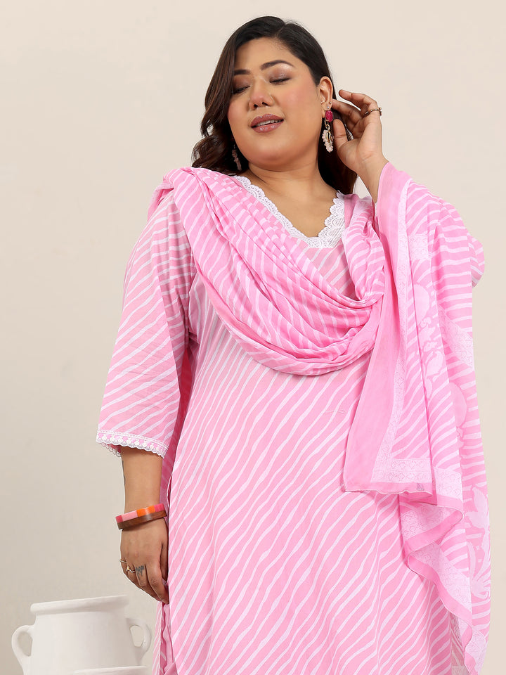 Plus Size Pink Printed Cotton Straight Suit Set With Dupatta
