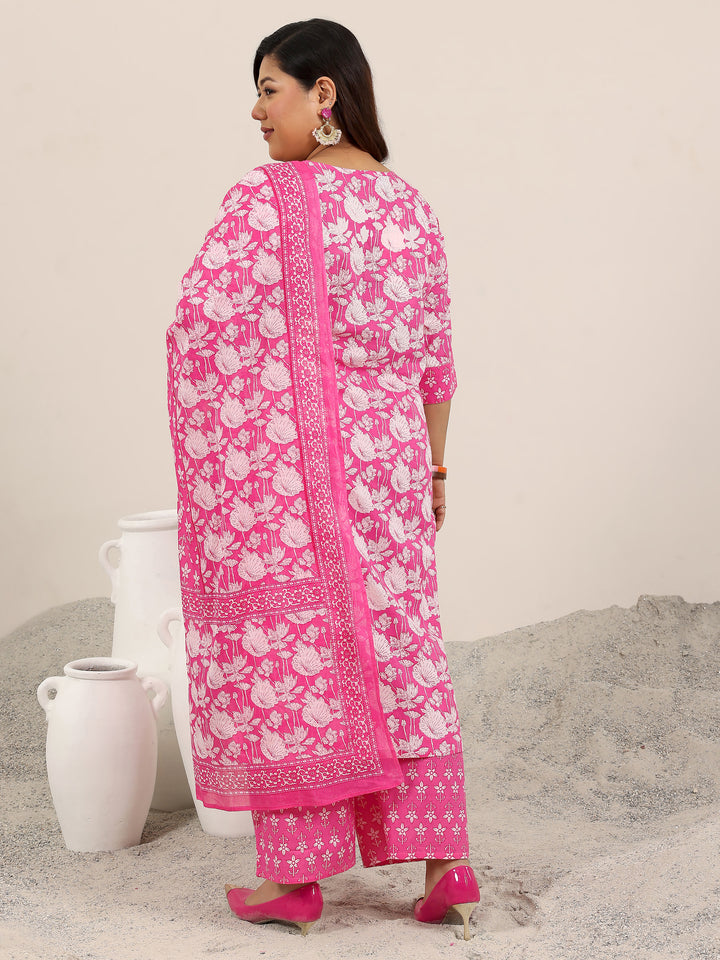 Plus Size Pink Printed Cotton Straight Suit Set With Dupatta