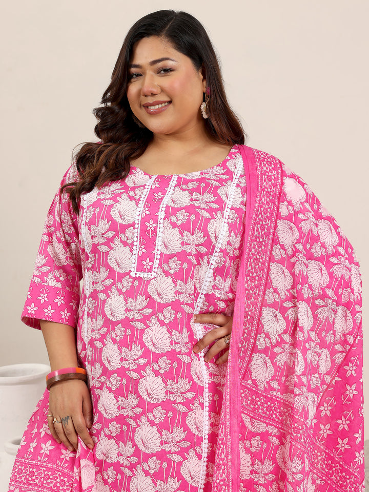 Plus Size Pink Printed Cotton Straight Suit Set With Dupatta