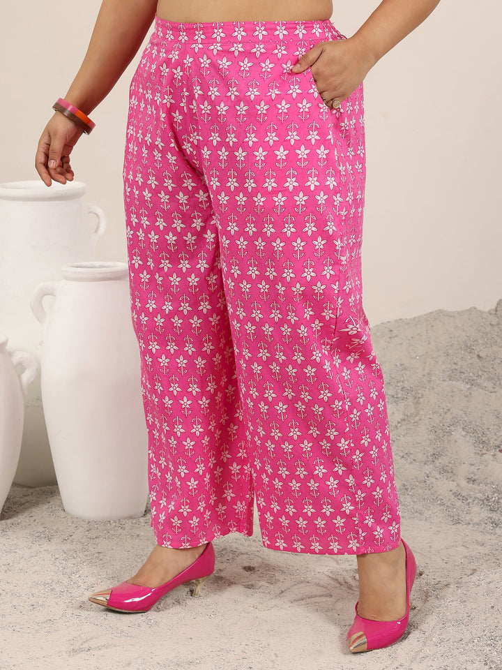 Plus Size Pink Printed Cotton Straight Suit Set With Dupatta