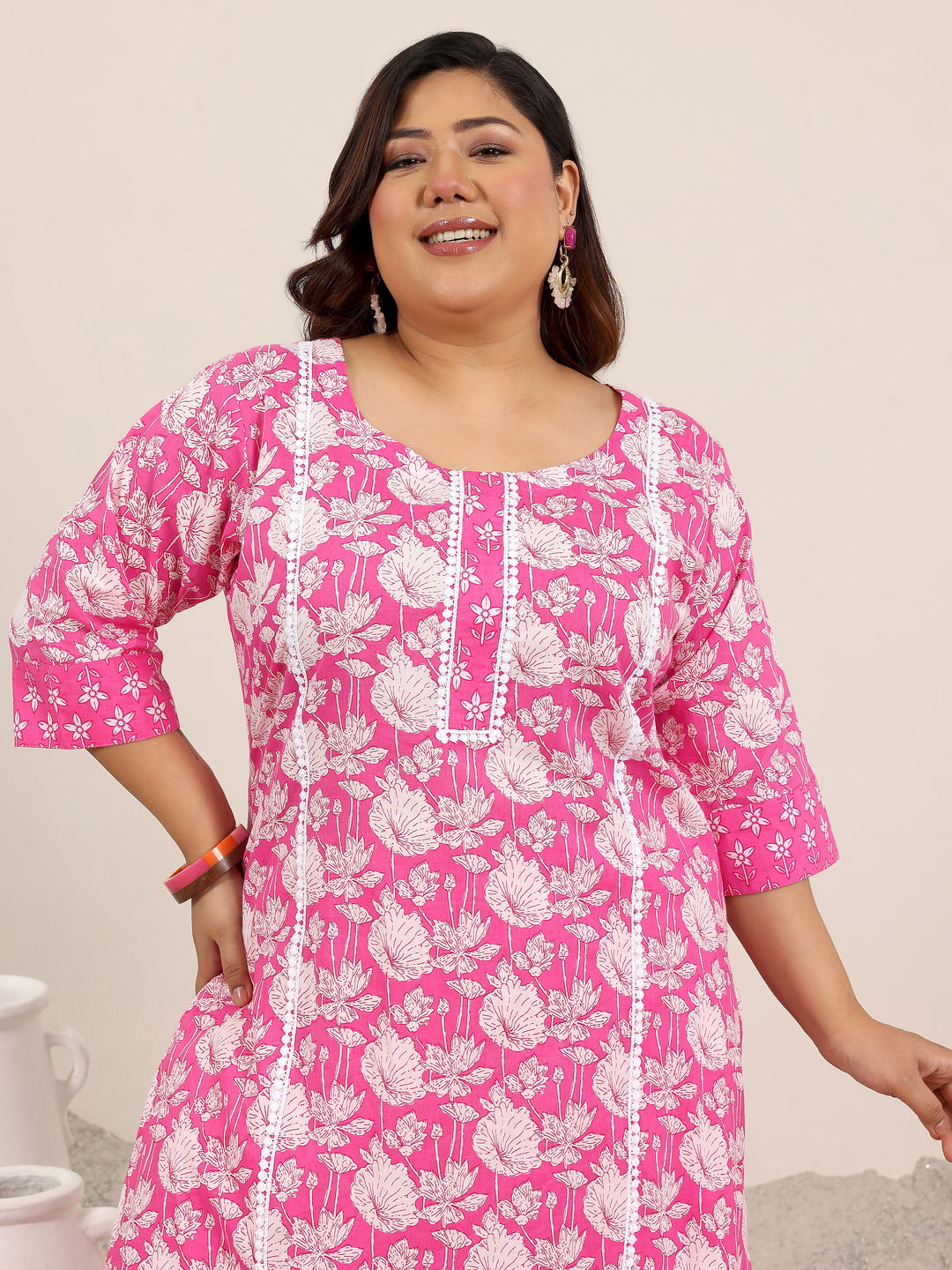 Plus Size Pink Printed Cotton Straight Suit Set With Dupatta