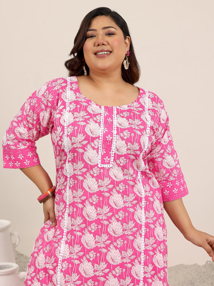 Plus Size Pink Printed Cotton Straight Suit Set With Dupatta