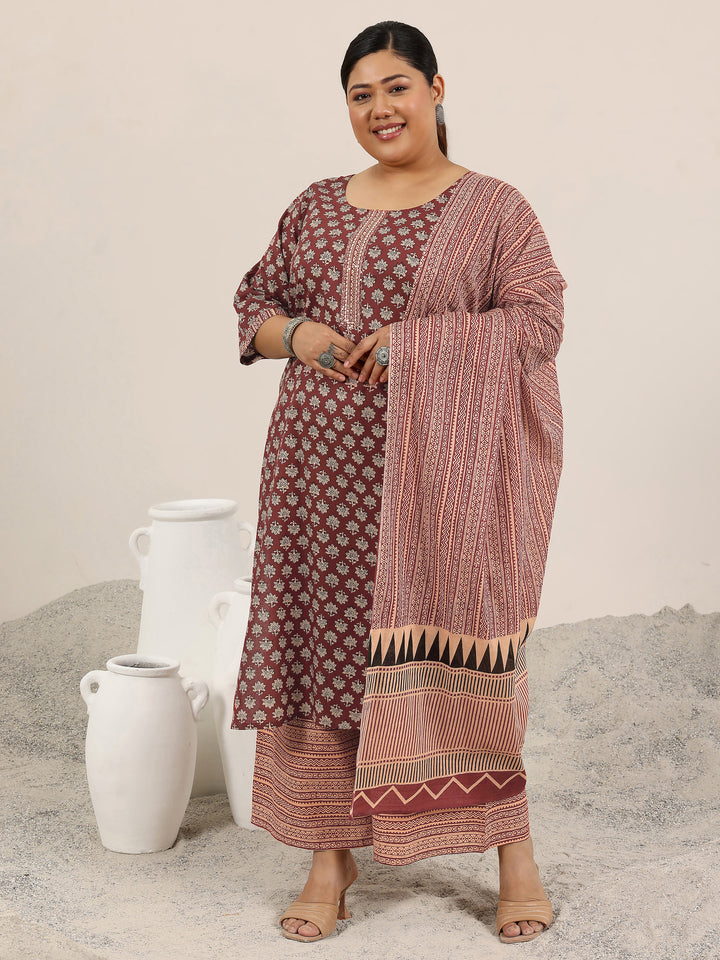 Plus Size Maroon Printed Cotton Straight Suit Set With Dupatta