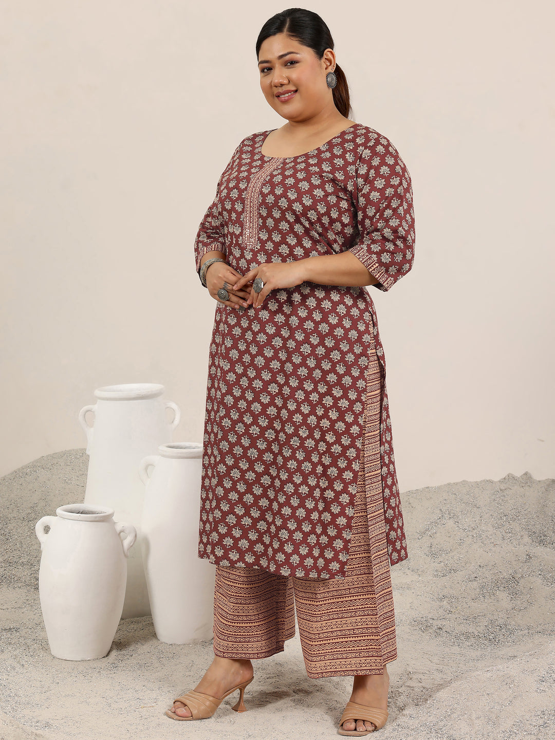 Plus Size Maroon Printed Cotton Straight Suit Set With Dupatta
