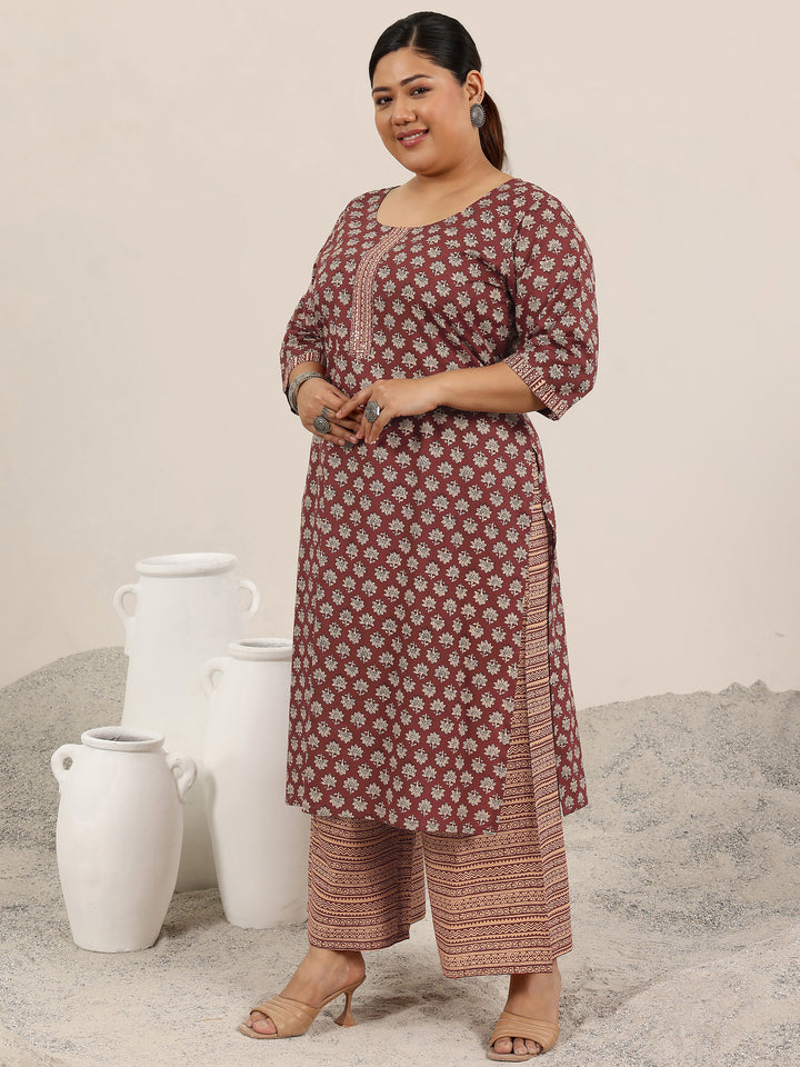 Plus Size Maroon Printed Cotton Straight Suit Set With Dupatta