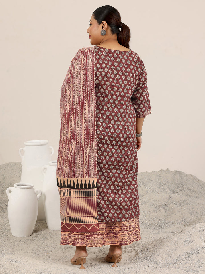 Plus Size Maroon Printed Cotton Straight Suit Set With Dupatta