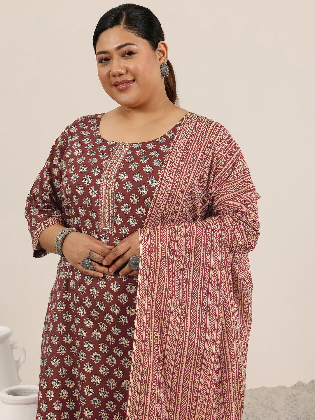 Plus Size Maroon Printed Cotton Straight Suit Set With Dupatta