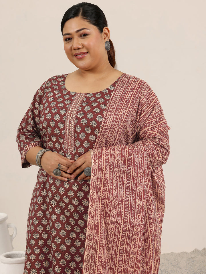Plus Size Maroon Printed Cotton Straight Suit Set With Dupatta