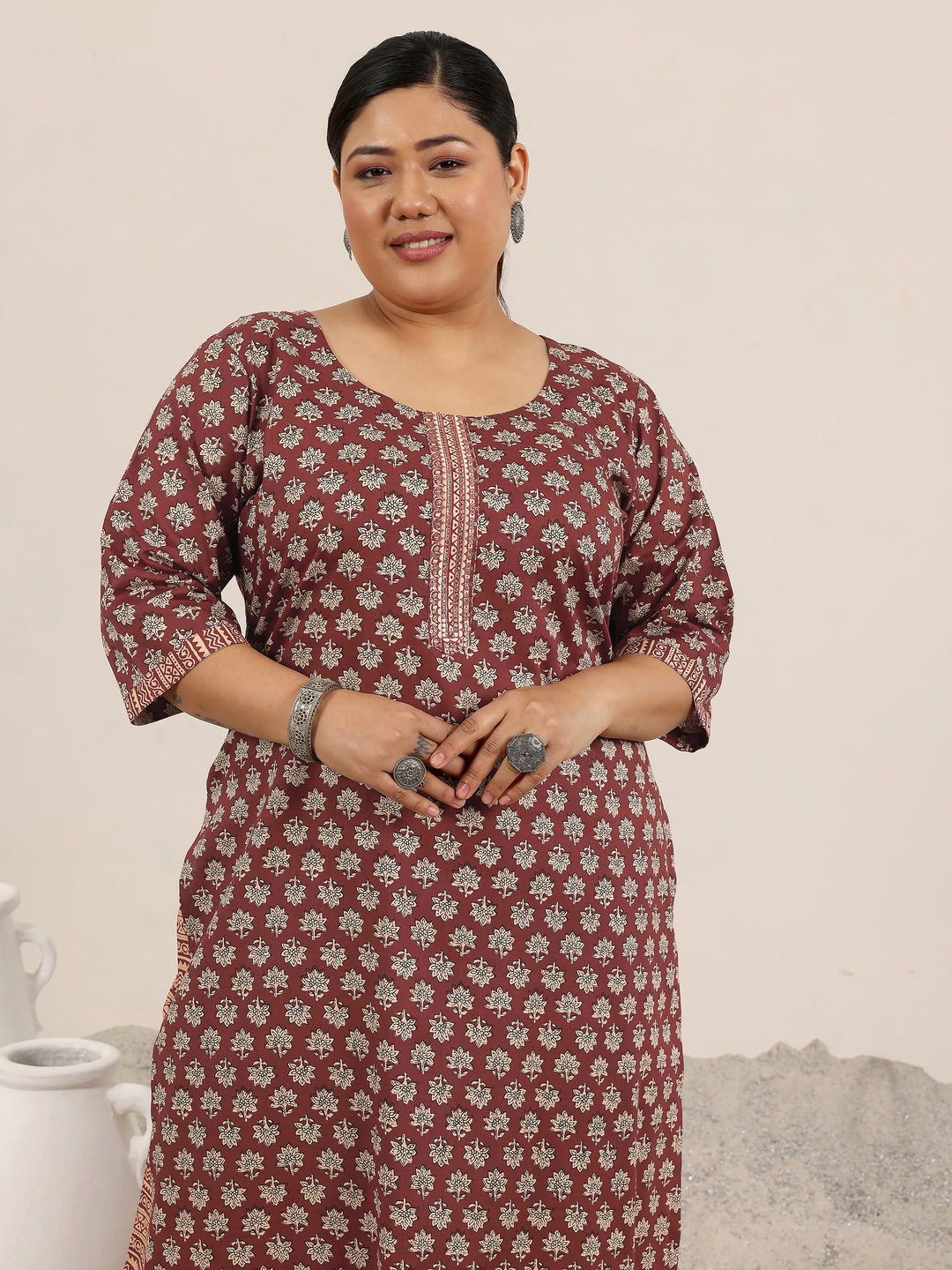 Plus Size Maroon Printed Cotton Straight Suit Set With Dupatta