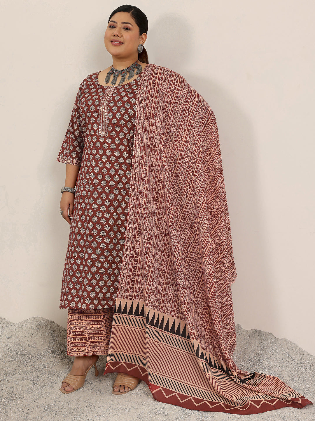Plus Size Maroon Printed Cotton Straight Suit Set With Dupatta