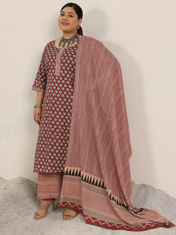 Plus Size Maroon Printed Cotton Straight Suit Set With Dupatta