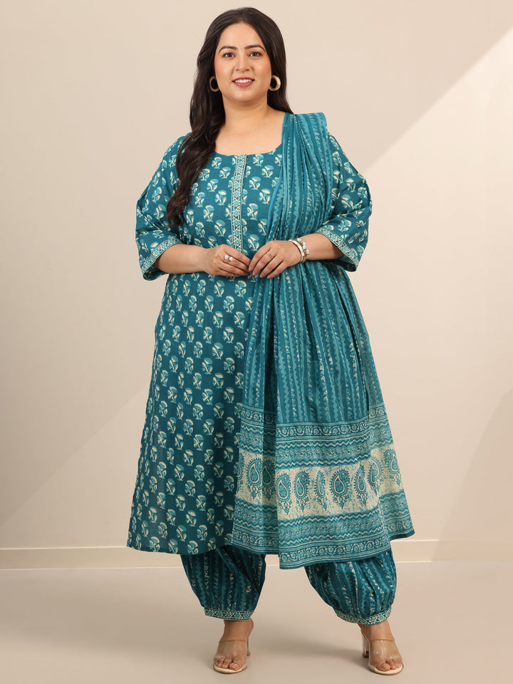 Plus Size Teal Printed Cotton Straight Suit Set With Dupatta