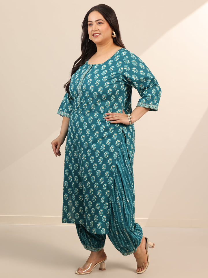 Plus Size Teal Printed Cotton Straight Suit Set With Dupatta