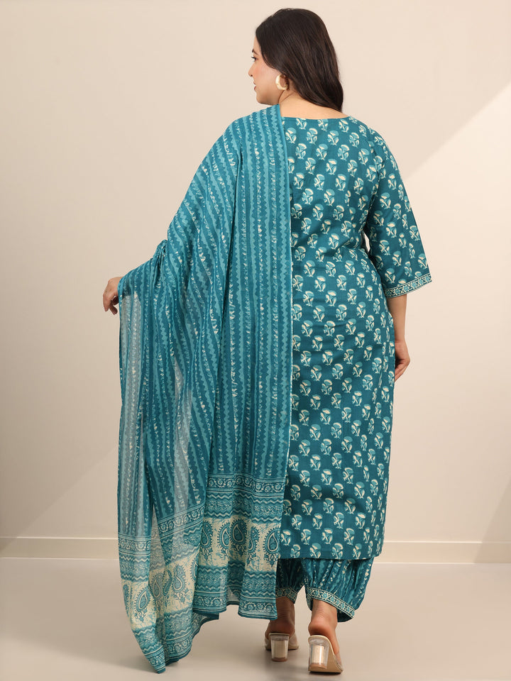 Plus Size Teal Printed Cotton Straight Suit Set With Dupatta