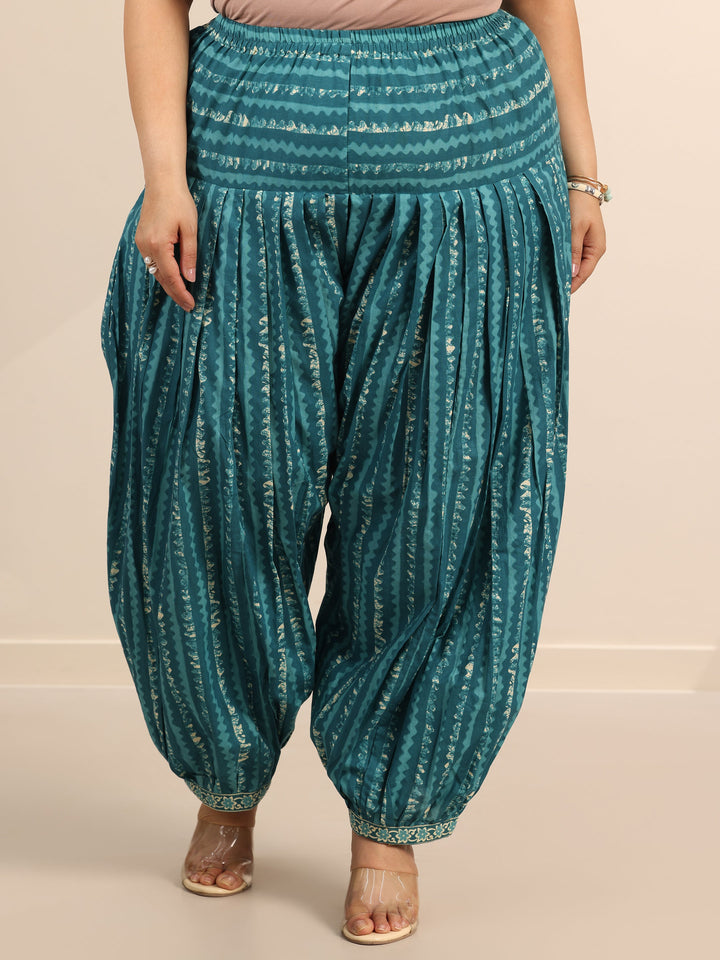 Plus Size Teal Printed Cotton Straight Suit Set With Dupatta