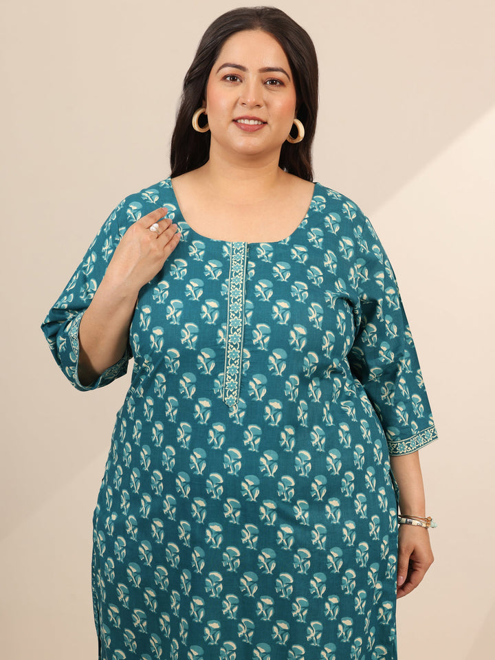 Plus Size Teal Printed Cotton Straight Suit Set With Dupatta