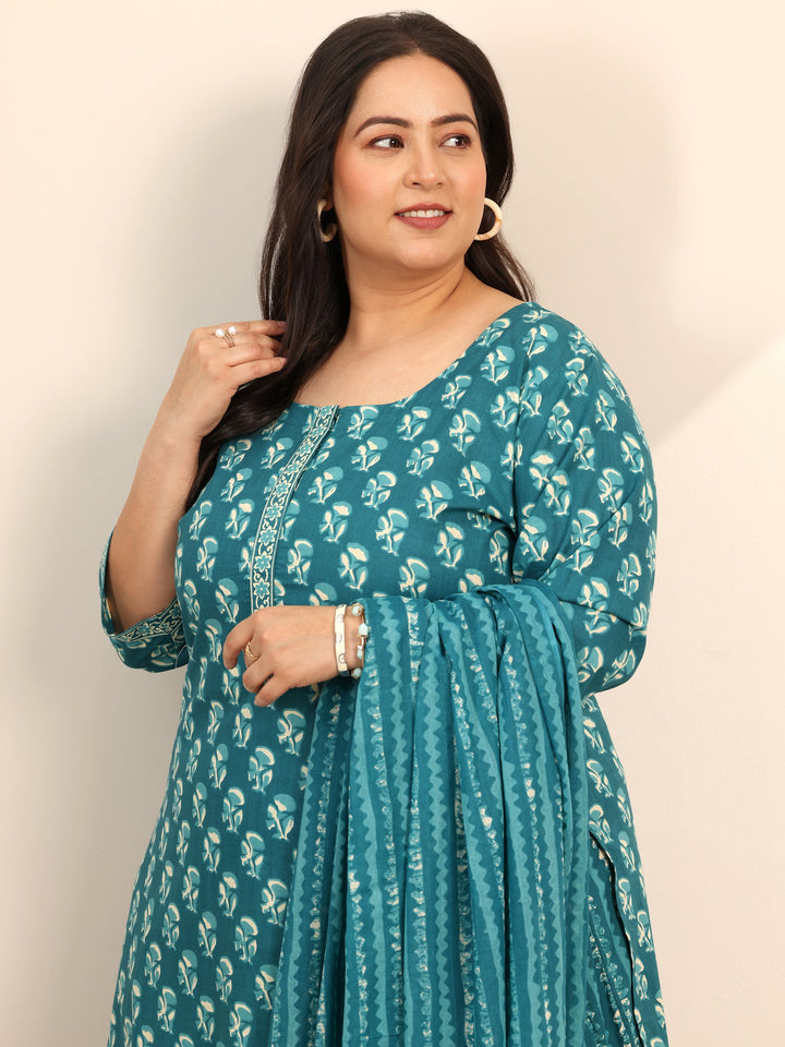 Plus Size Teal Printed Cotton Straight Suit Set With Dupatta