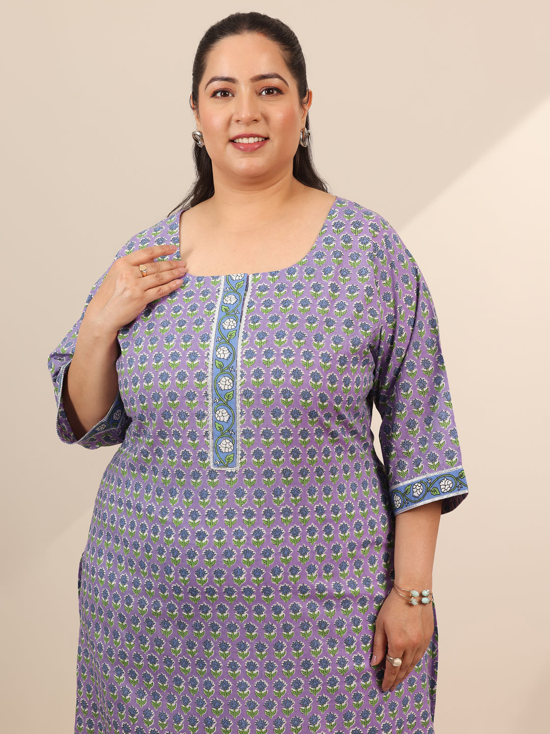 Plus Size Lavender Printed Cotton Straight Suit Set With Dupatta