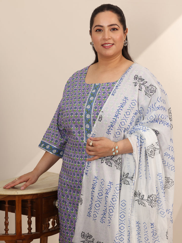 Plus Size Lavender Printed Cotton Straight Suit Set With Dupatta