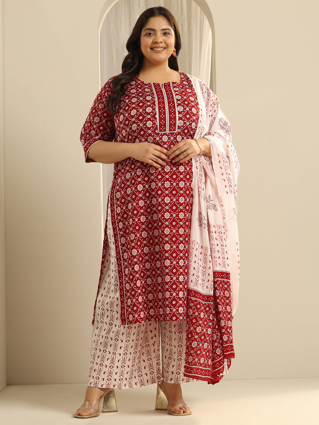 Plus Size Red Printed Cotton Straight Suit Set With Dupatta