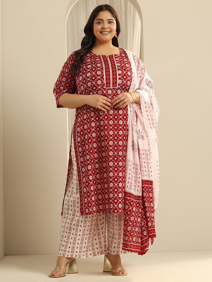 Plus Size Red Printed Cotton Straight Suit Set With Dupatta