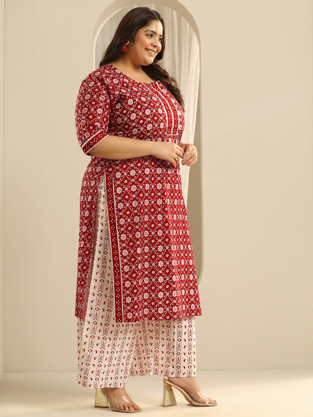 Plus Size Red Printed Cotton Straight Suit Set With Dupatta