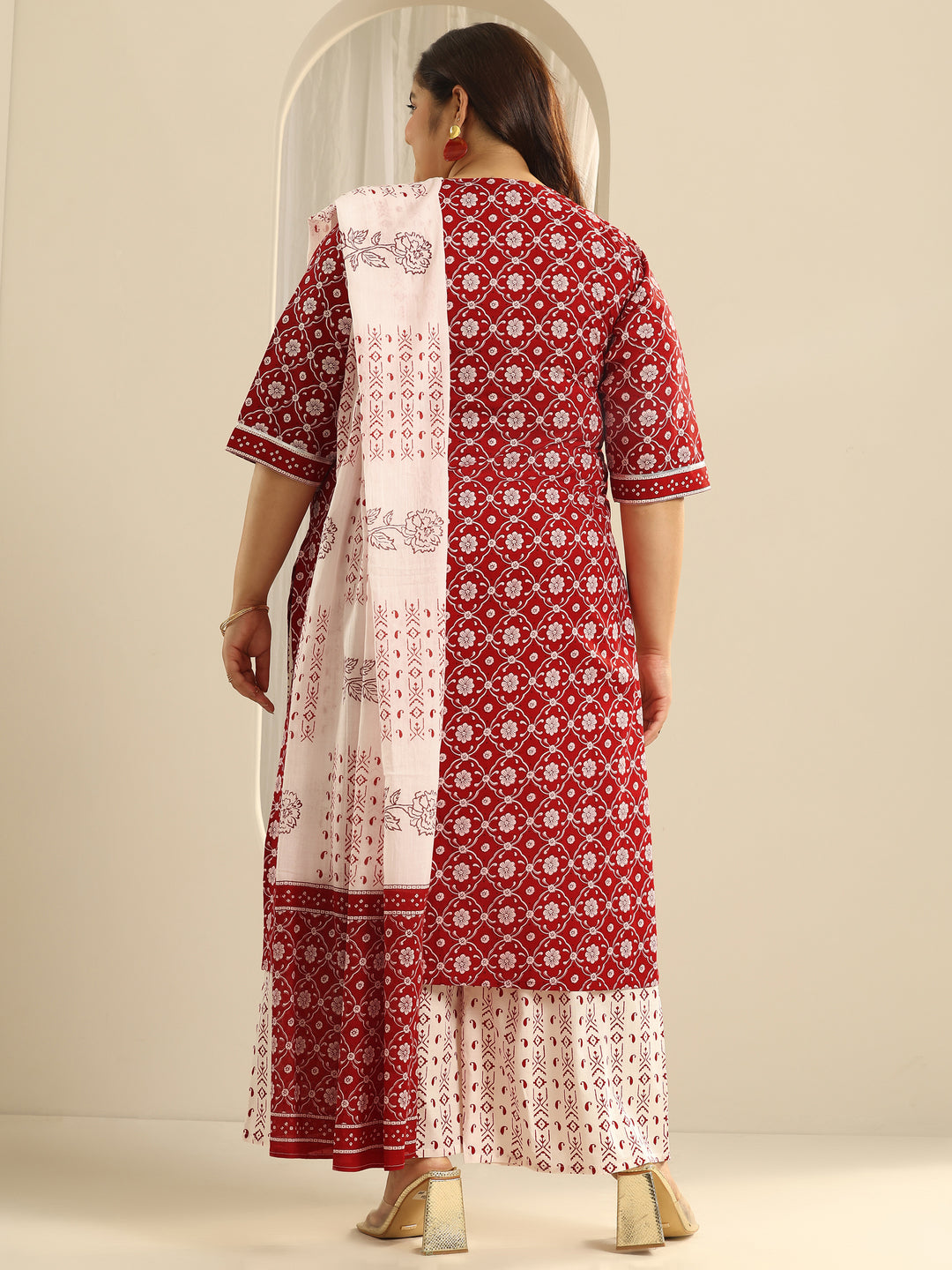 Plus Size Red Printed Cotton Straight Suit Set With Dupatta